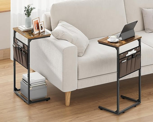 Vagusicc C Shaped End Table Set of 2, Tall Side Table for Sofa, Small Couch Side Table with Storage Bag, TV Tray Table for Small Spaces, Sturdy Slide Under Sofa Table with Metal Frame for Living Room