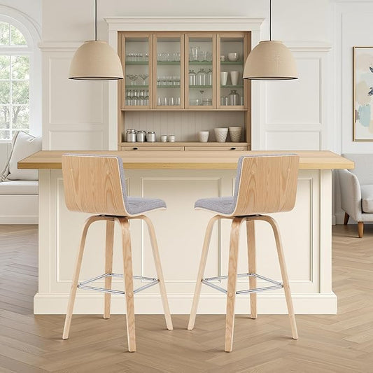 Vienna Modern Swivel Bar Height Stool with Grey Upholstered Seat and Patterned Oak Wood Frame Set of 2