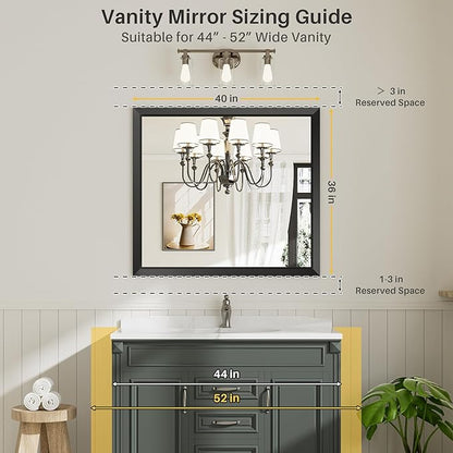40x36 Inch Black Bathroom Mirror for Wall, Thick Metal Framed Rectangle Mirrors for Over Sink, Bedroom, Living Room, Entryway, Anti-Rust, HD Tempered Glass