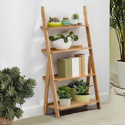 Maydear Bamboo Ladder Shelf Bookcase, 4-Tier Leaning Bookshelf Free Standing Organizer Storage Shelves for Living Room, Bedroom, Kitchen, Home Office, Balcony, Wood Color