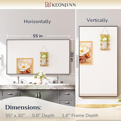 Keonjinn Black Framed Bathoom Mirror 55 x 30 Inch Large Rectangle Vanity Wall Mirror for Over Sink Metal Frame Rectangular Bathroom Mirror Brushed Black Modern Farmhouse Mirror(Horizontal/Vertical)