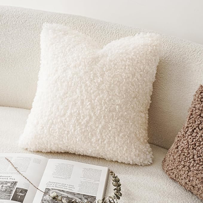 Foindtower 2 Pieces 26x26 Inch White, Faux Fur Throw Pillow Cover Accent Sherpa Pillow Fuzzy Soft Pillowcases Sheepskin Decorative Fleece Cushion Case for Bed Couch Living Room