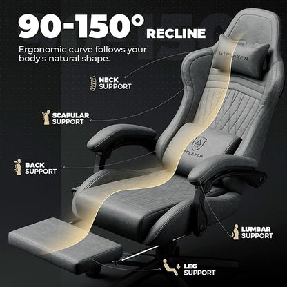 GTPLAYER ACE-PRO Music Gaming Chairs – Built-in Speakers, App Support & Bluetooth Control, Footrest & Pocket, Gamer Chair for Adults, Grey