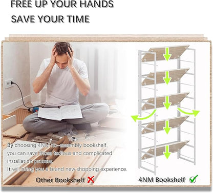 4NM No Assembly 5 Tiers Book Shelves, White Folding Bookshelf Bookcase Open Industrial Foldable Shelves for Bedroom, Living Room, Home Office - Natural White