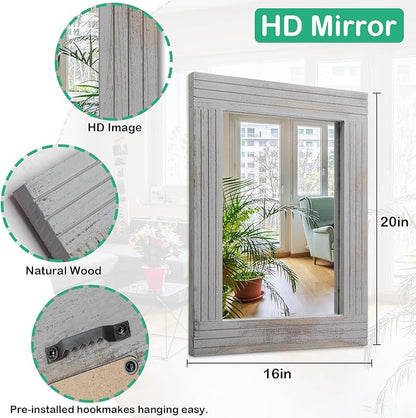 Rustic Mirror Wooden Frame Rectangular Antique Wall Mirror Decor Farmhouse Bedroom Dresser Bedroom Entryway Mirror Large Light Gray 20"x16"
