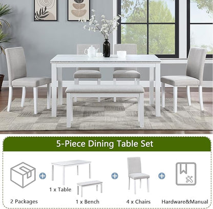 soges 6 Piece Wooden Dining Table Set, Dining Room Table with 4 Upholstered Chairs and Bench, Rectangular 6-Person Kitchen Dining Table Set with Crystal Decoration, White