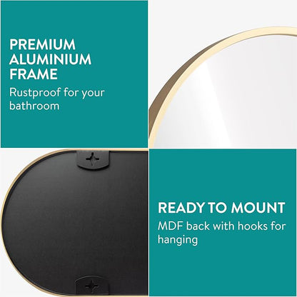 Navaris Oval Wall Mirror - 75 x 38 x 3 cm - Wall Mounted Hanging Mirror with Brushed Brass Rustproof Aluminium Frame - Mirror for Bathroom Bedroom Hallway