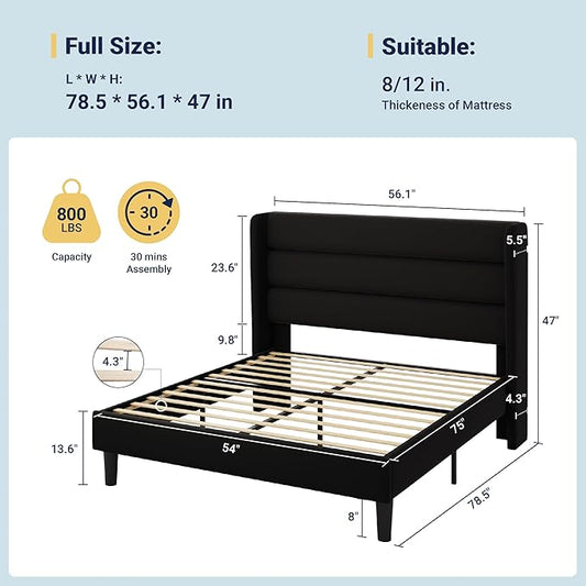 Allewie Full Size Platform Bed Frame with Velvet Upholstered Wingback Headboard, No Box Spring Needed, Under Bed Storage Space, Strong Wooden Slats, Modern Mattress Foundation, Easy Assembly, Black