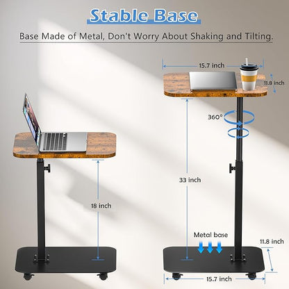 TV Tray Table Heavy Metal Base with Wheel Swivel/Adjustable Height Couch Table, Sofa Arm End Side Table for Living Room and Bedroom, Bed or Small Spaces