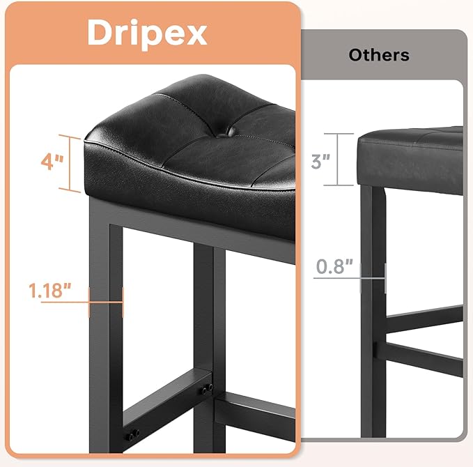 Dripex Backless Faux Leather Saddle Bar Stools Set of 2, 24 Inch Counter Height Barstools for Kitchen Island with 4" Thick Saddle Seats & Heavy Duty Metal Legs, Black