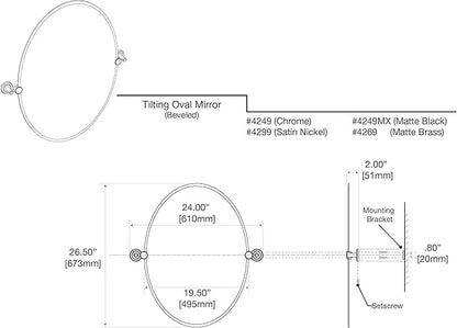Gatco 4249MX Latitude II Oval Mirror, 26.5 Inch, Matte Black/Wall Mounted Frameless Oval Bathroom Vanity Mirror with Matte Black Brackets/Tilting Oval Mirror to Adjust Up or Down Viewing Angle