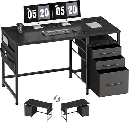 Ｍａｉｈａｉｌ Maihail Small Desk with Drawers, 47 inch Computer Desk with Shelves, Writing Desk with Storage, Small Office Desk with Metal Frame, Black