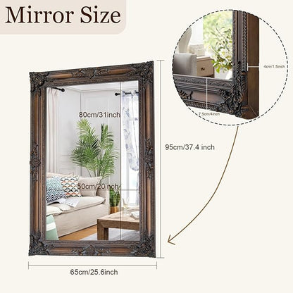 Antique Decorative Mirror, 37.4''x25.6''Vintage Mirror with Ornate Bronze Wood Frame, Decorative Wall Mirrors for Entryway, Living Room, Bathroom