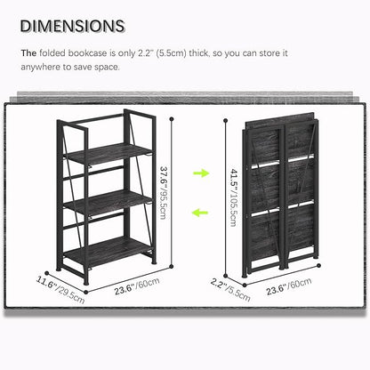 4NM No-Assembly Folding Bookshelf Storage Shelves 3 Tiers Vintage Bookcase Standing Racks Study Organizer Home Office (Gray Black)