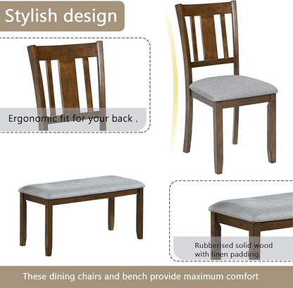 soges 6 Piece Kitchen Dining Table Set, Wooden Dining Table with 4 Upholstered Chairs and a Bench for 6 People, Living Room, Home and Kitchen, Table Chairs Set, Walnut