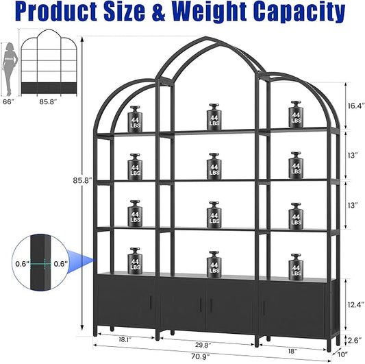 Triple Wide 5 Tier Tall Arched Bookshelf and Bookcase with 3 Cabinets, Industrial Metal Etagere Open Bookshelf, Wood Standing Book Shelf with Black Metal Frame for Bedroom Living Room