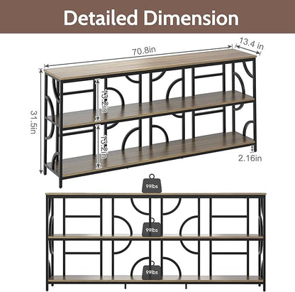 70.9-Inch Industrial Sofa Table, Extra Long Console Table Behind Couch with 3-Tier Storage Shelves, Rustic Brown Finish for Entryway, Living Room, Foyer, Hallway, and Office