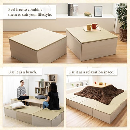 BJDesign Square Tatami Bench and Raised Platform Unit | Japanese Style Igusa Rush Grass Top | Wood Grain White, 24x24x11.6in | Easy Assembly, Durable | 2 Set
