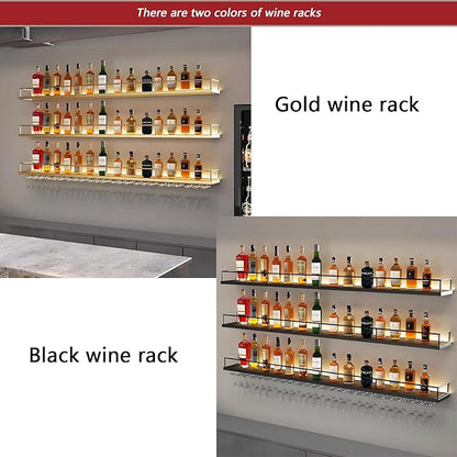 Wall-Mounted Metal Wine Rack with LED Lights 3-Tier Floating Bar Shelves with Wine Glass Rack Large Wine Bottle Display Rack Hanging Shelf, for Home Bar Dining Room Decorative (Gold, 140cm/55in)