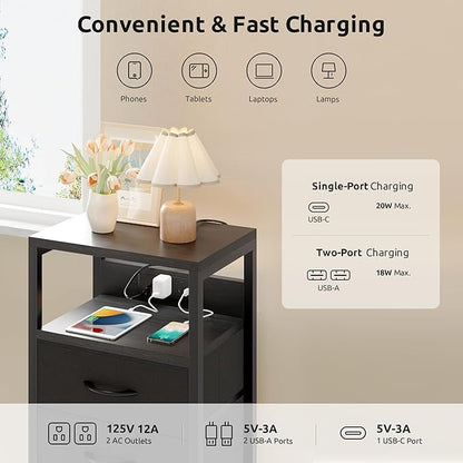 NightStand Bedside Charging Table Bedroom - Night Stand with Charger Station, Black Modern Bed Side End Table with Open Shelf & 3 Fabric Drawers, USB-C USB Ports & AC Outlets for Dorm, Living Room