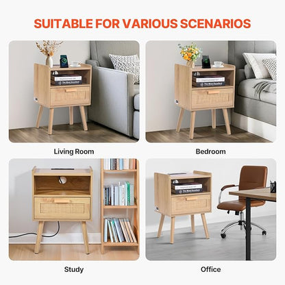 VEVOR Rattan Nightstand, Boho Bedside Table with Drawer Open Shelf, End Table Wooden Nightstand with Solid Wood Legs, Rattan Side Table with Charging Station, for Bedroom
