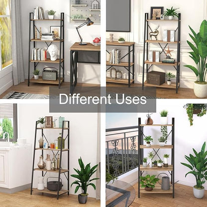 BON AUGURE Farmhouse Ladder Shelf Bookcase, 4 Tier Rustic Ladder Bookshelf, Standing Leaning Book Shelves for Living Room (Vintage Oak)