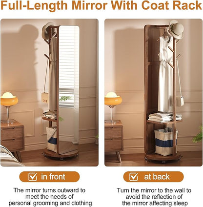 70"x16"Full Length Mirror with Stand,Coat Rack with Mirror,Solid Wood Floor Mirror,Swivel Mirrorfor Bedroom, Living Room, Cloakroom