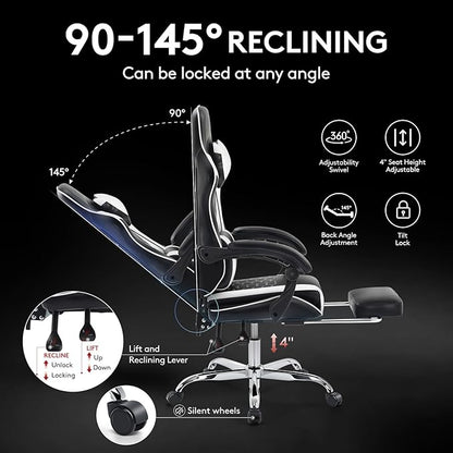 Gaming Chair,Computer Office Chair with Footrest,Massage Lumbar Support and Gel Pad,Ergonomic Reclining Adjustable Leather Gamer Chair with Headrest and Spring Cushion Black White
