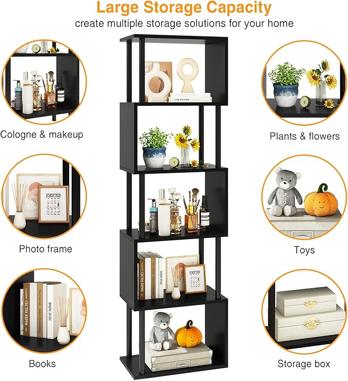 IBUYKE 6-Tier Tall Bookshelf,S-Shaped Geometric Bookcase, Wood Display Shelves with Storage,Modern Bookshelf for Living Room Bedroom, Home Office, Black WBC016B
