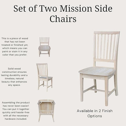 Set of 2 Mission Side Chairs 39.2"H, Solid Parawood Kitchen Dining Furniture, Stylish Comfortable Chairs for Dining Room, Paint or Stain to Match Your Decor, Unfinished