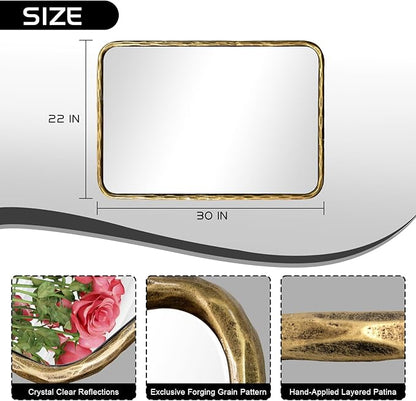 BEGINS Hand-Forged Steel Wall Mirror, 30x22 Inch Vintage Solid Steel Frame, Antique Rounded Rectangle Bathroom Mirror with Hidden Mounting Hooks, Horizontal or Vertical Hanging