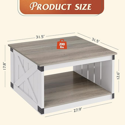 WLIVE Coffee Table, Farmhouse Coffee Table with Open Storage, 31.5" Wood Square Living Room Tables, Rustic Dining Cocktail Center Table for Living Room, Grey & White