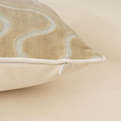 Yangest Beige Square Throw Pillow Cover Wavy Velvet Cushion Cover Modern Zippered Pillowcase for Sofa Couch Bedroom Living Room Chair, 18 x 18 Inch