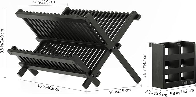 HBlife Dish Rack, Black Bamboo Folding 2-Tier Collapsible Drainer Dish Drying Rack with Utensils Flatware Holder Set (Dish Rack with Utensil Holder)