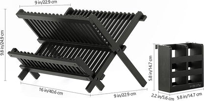 HBlife Dish Rack, Black Bamboo Folding 2-Tier Collapsible Drainer Dish Drying Rack with Utensils Flatware Holder Set (Dish Rack with Utensil Holder)