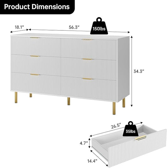 GarveeHome White Dresser, Modern 6 Drawer Dresser for Bedroom with Gold Handle and Large Drawer, Wood Double Chest of Drawers and Storage Organizer for Living Room, Hallway, Entryway