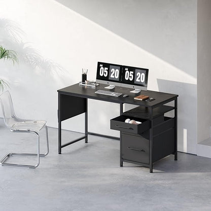 Ｍａｉｈａｉｌ Maihail Small Desk with Drawers, 47 inch Computer Desk with Shelves, Writing Desk with Storage, Small Office Desk with Metal Frame, Black