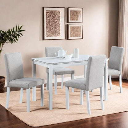 Dining Table Set for 4, 5-Piece Dining Room Table Set with Rectangular Crystal Decoration Table & 4 Upholstered Backrest Chairs, Counter Height Kitchen Sets with MDF Tabletop, White