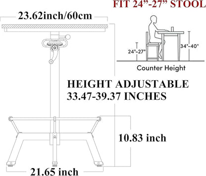 LOKKHAN 33.5-39.4 Inch Tall Industrial Bar Table-Adjustable Bar Height Bistro Whiskey Pub Table-23.7" Dia Swivel Round Wood Top Metal Base-Easily Adjusts by Crank Handle