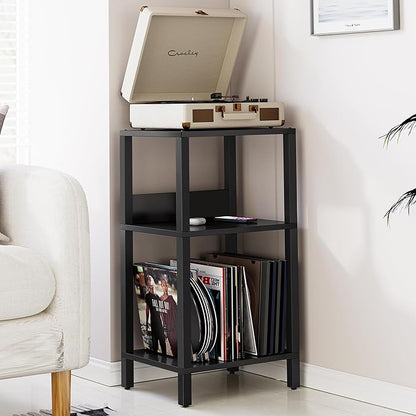 TUTOTAK Record Player Stand with Storage Up to 100 Albums,Record Storage Table,3 Tier End Table,Side Table for Living Room, Bedroom, Black TB01BK075