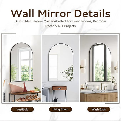 Arched Wall Mirror 20"X30", Black Bathroom Vanity Mirror with Frosted Metal Frame, Modern Farmhouse Mirror Wall Mounted, Curved Arch Design for Bedroom, Living Room & Home Decor