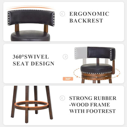 COLAMY Swivel Bar Stools Set of 3, Swivel Counter Height Barstools with Back, 25 Inch Modern Upholstered Bar Stools for Kitchen Island Dining Room Bar, Dark Brown