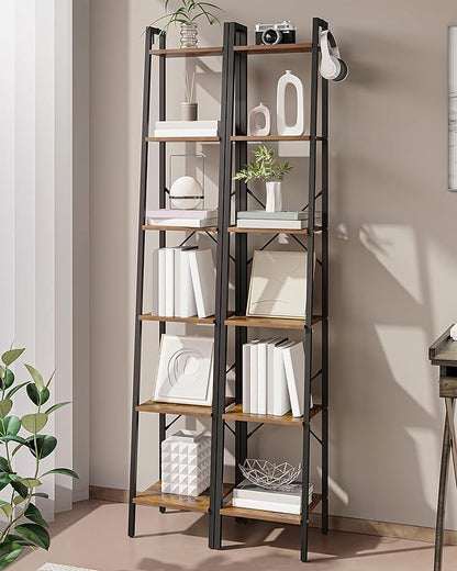 Ladder Shelf, Bookshelf Bookcase, Freestanding Corner Storage Shelve with 2 Hooks for Home Office, Living Room, Kitchen, Bedroom, Industrial, 6-Tier Rustic Brown BC13301B