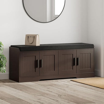 2-Tier Storage Bench, Shoe Bench with Thickened Padded Seat Cushion, Entryway Bench with 4 Doors, Adjustable Shelf, 13.8" D x 45.3" W x 18.5" H, for Entryway, Living Room, Bedroom, Brown