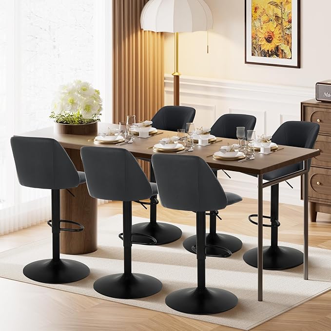 COLAMY Bar Stools Set of 3, Modern Swivel Bar Chairs, Adjustable PU Leather Upholstered Barstools Counter Height with Full Backrest for Bar, Dining Room, Kitchen Island, Black