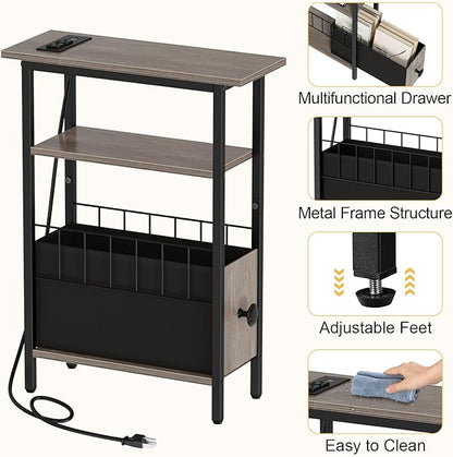 Snughome Narrow Side Table with Charging Station, Slim End Table for Small Spaces, 3 Tier Skinny Nightstand with Drawer, Sofa Beside Table with Storage Shelf for Living Room Bedroom Grey