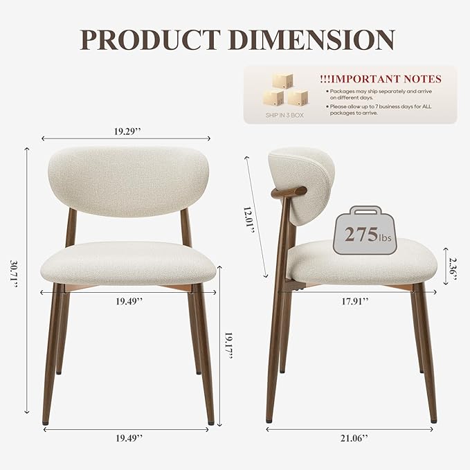 Dining Chairs Set of 6, Ergonomic Fabric Upholstered Seating with Wood Look Metal Legs and Anti Slip Pads, for Home and Restaurant Use, Beige