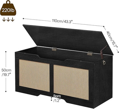 HOOBRO Storage Bench, 43.3" Toy Box, Rattan-Like Storage Chest, Sturdy Entryway Bench Supports 220 lb, Toy Chest, Safety Hinge, U-Shaped Opening, Easy Assembly, Black BB22CW01