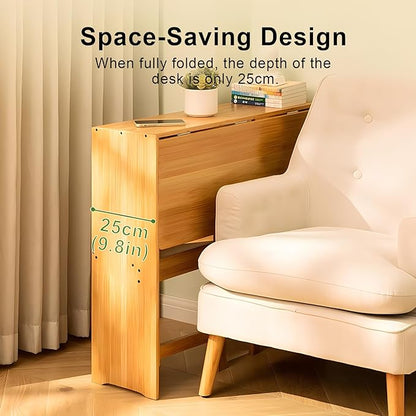 Folding Desk with Bookshelf, 40.6 Inch Computer Table Space Saving, Small Foldable Student Writing Desk for Home Bedroom Study Office Bamboo Wooden Workstation, Wood Color (41×21IN)
