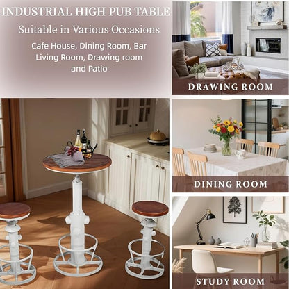 Vintage Pub Table 38.6-44.5inch Height Adjustable Industrial High Bar Table in Home Kitchen Farmhouse Cafe Table for 2-3 People Swivel Wooden Top